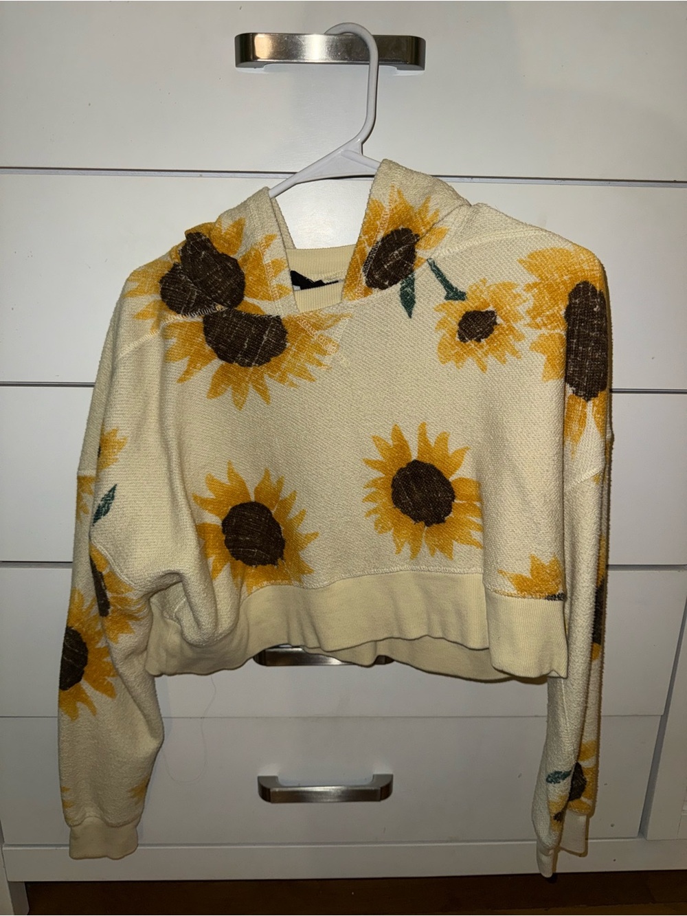 Urban Outfitters Cream Sunflower Cropped Hoodie
